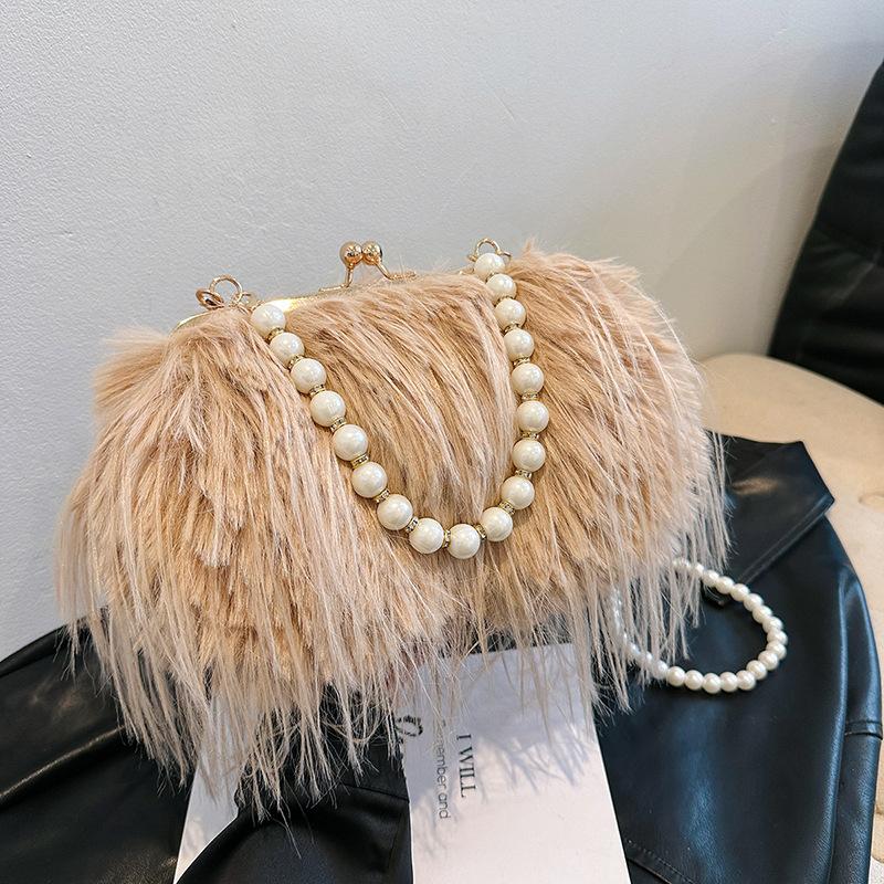1Pc Autumn and Winter Fashion Shoulder Bag Oblique Span Bag Imitation Turkey Feather Women's Bag Portable Pearl Fringed Plush Square Bag