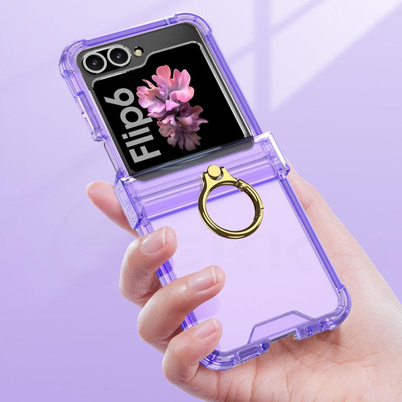 Silicone Airbag Bumper Soft Case for Samsung Galaxy Z Flip 6 Case All-included Hinge Ring Holder Cover For Galaxy Z Flip 5 Funda