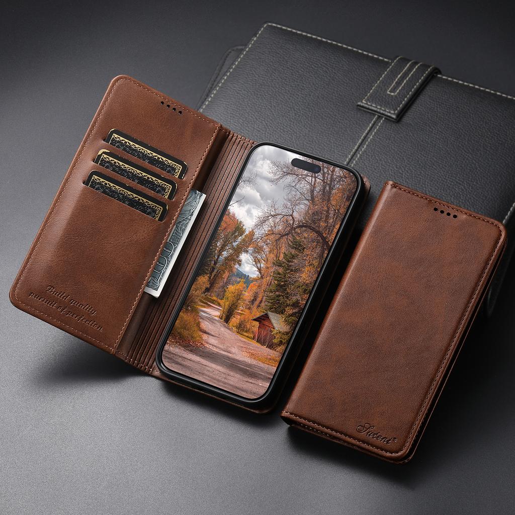 Plain Leather Card Holder Case for iPhone 18 Pro Max 17 Air 17E 16E 16 Pro 15 14 13 12 Mini 11 Magnetic Button Wallet Flip Cover