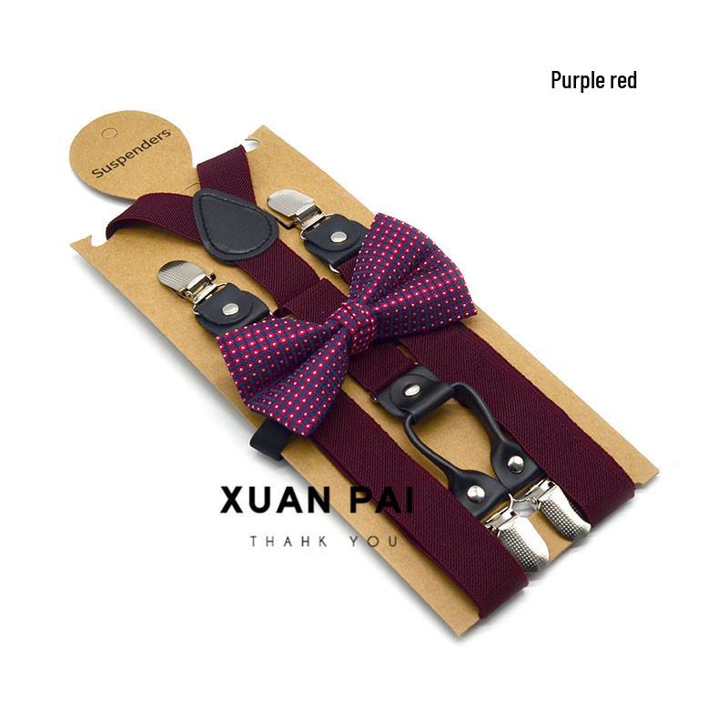 Adult Unisex 4-Clip Elastic Suspenders & Bow Tie Set, Non-Slip, Solid Color, 2.5cm