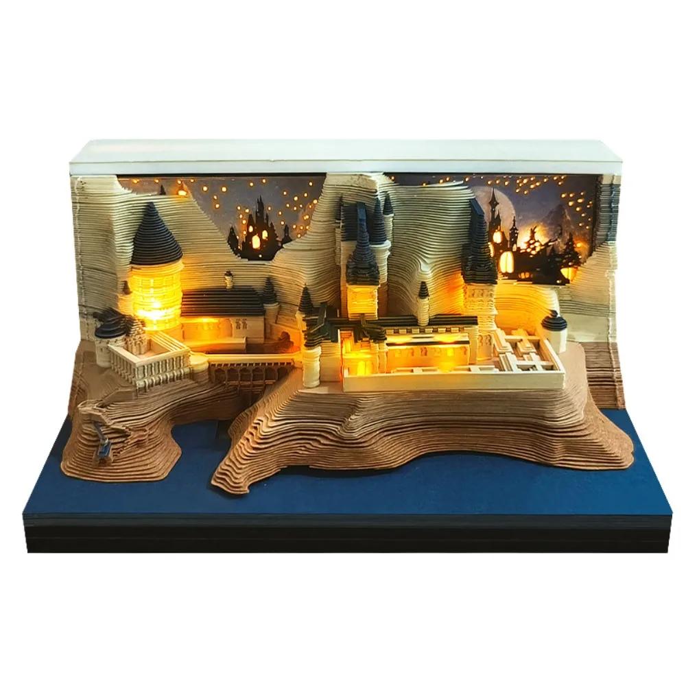 With Lights Paper Sculpture Calendar Notepad 3D Paper Craft 2026 Weekly Calendar Desktop Ornament Magic Castle Calendar
