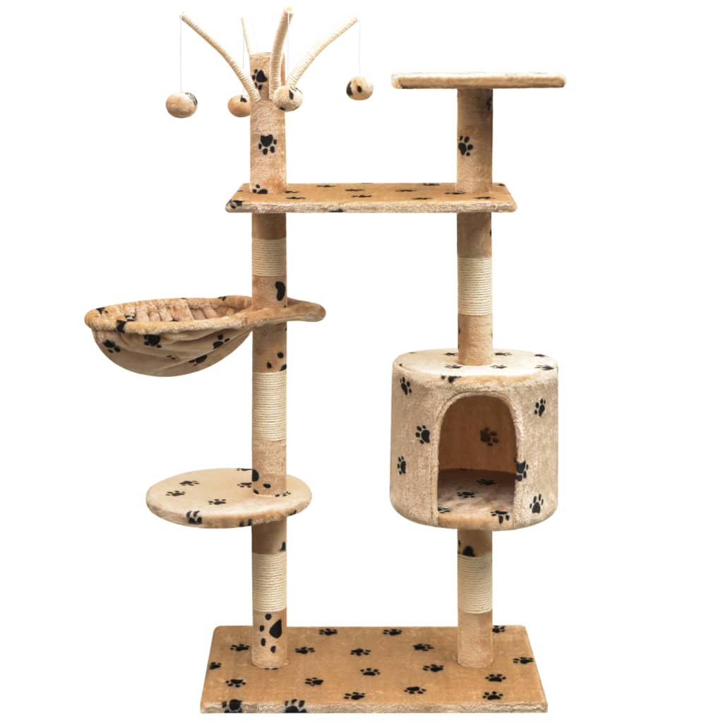 Kratzbaum für Katze, 125 cm, Beige mit Katzenpfoten