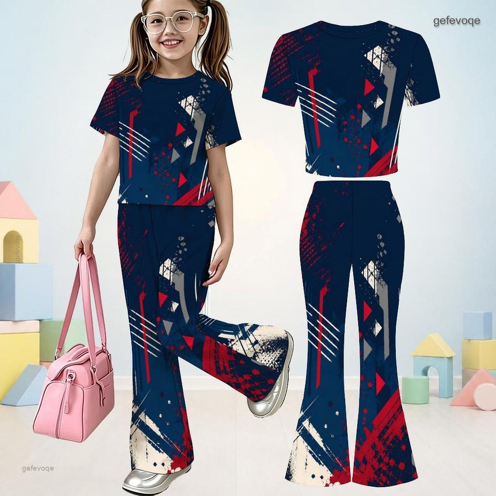 Girls Abstract Printed Round Neck Short Sleeve Top Flared Pants Two Piece Set