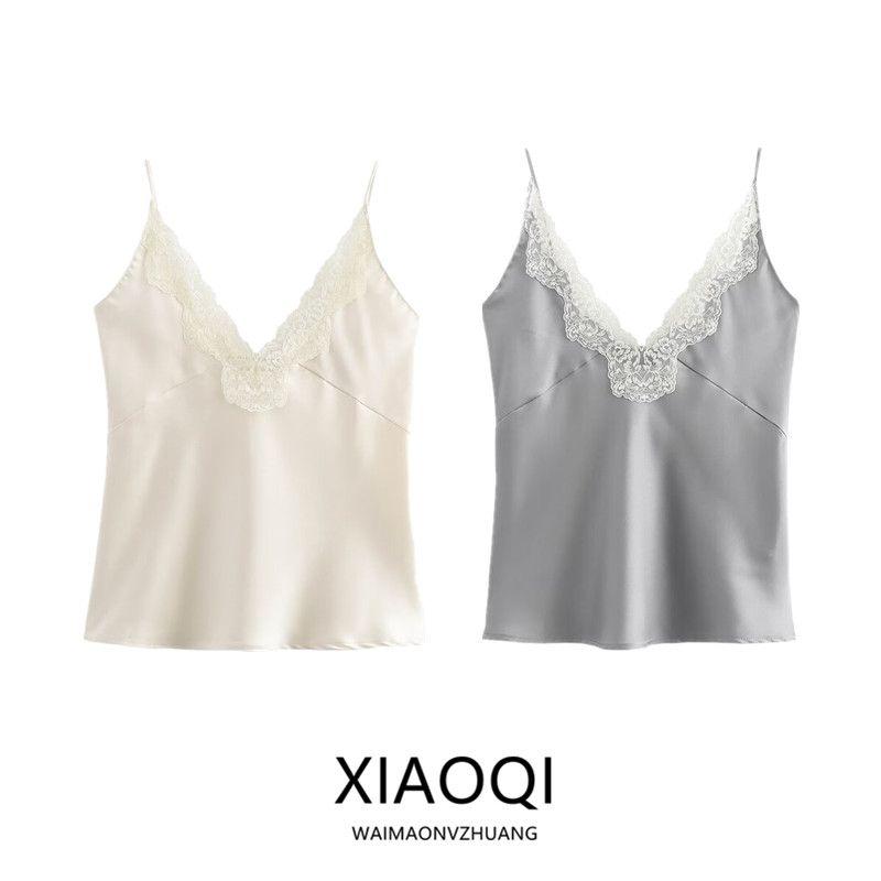 Fashion Style 2024 New Fall Women's Clothing Easy Matching Sling Lace Decorative Silk Satin Texture Tops 1067261
