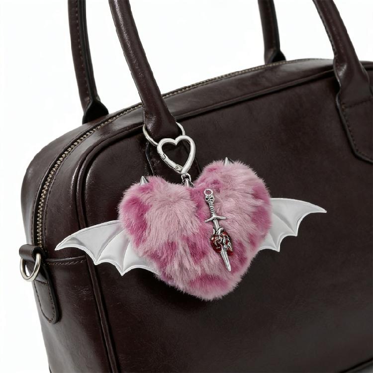 Unique Y2K Themed Fuzzy Keychain With Winged Heart Charm Delicate Keyrings Pendant Accessory For Bags And Keys