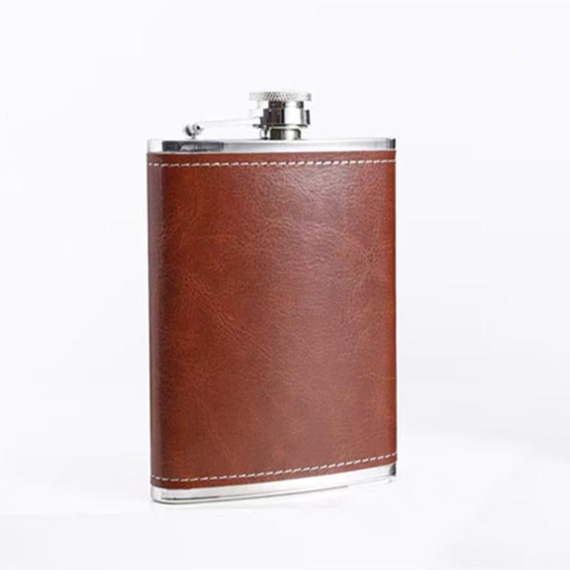 8oz Stainless Steel Hip Flask with Russian Leather, Portable Outdoor Small Flask - Brown/Black