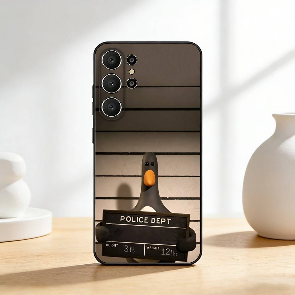 Cute Retro Villain Penguin Phone Case For Samsung S26,S25,24,23,22,30,21,10,9,Ultra,Plus,Lite,FE Soft Black Case
