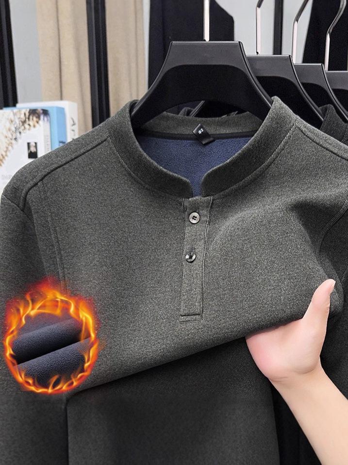 Men's Chinese Style Stand Collar Fleece Sweatshirt - Warm Long Sleeve Base Layer for Autumn/Winter
