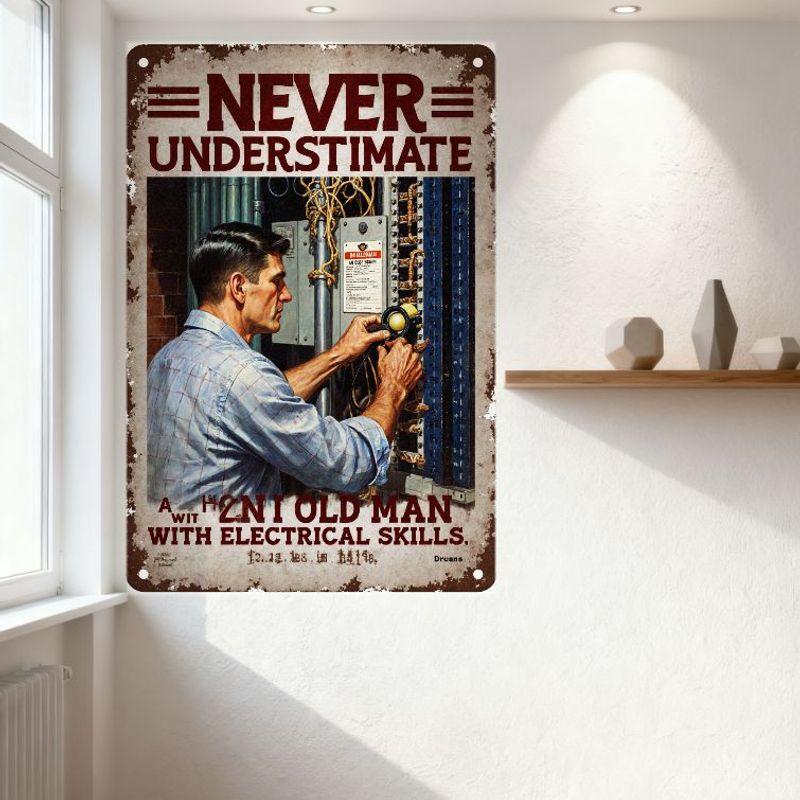 Vintage Never Underestimate Electrical Skills Metal Tin Sign, Distressed Old Man with Tools Wall Plaque, Rustic Aged Home Bar Ma