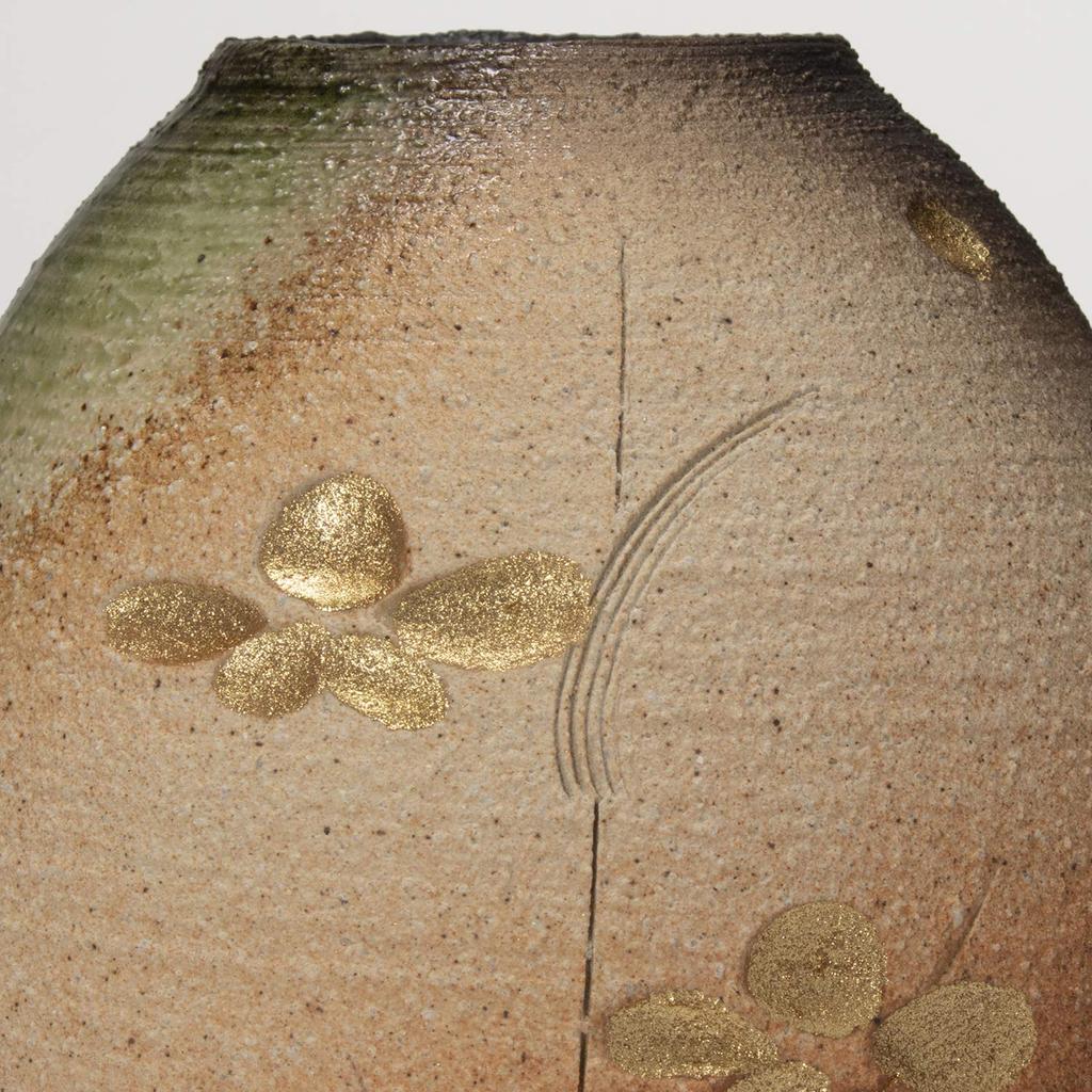 Marui Seito Shigaraki Ware Hechimon Flower Vase, Large, Black and White, Stone Hazel Gold Flowers, Ceramic, MR-1-2541