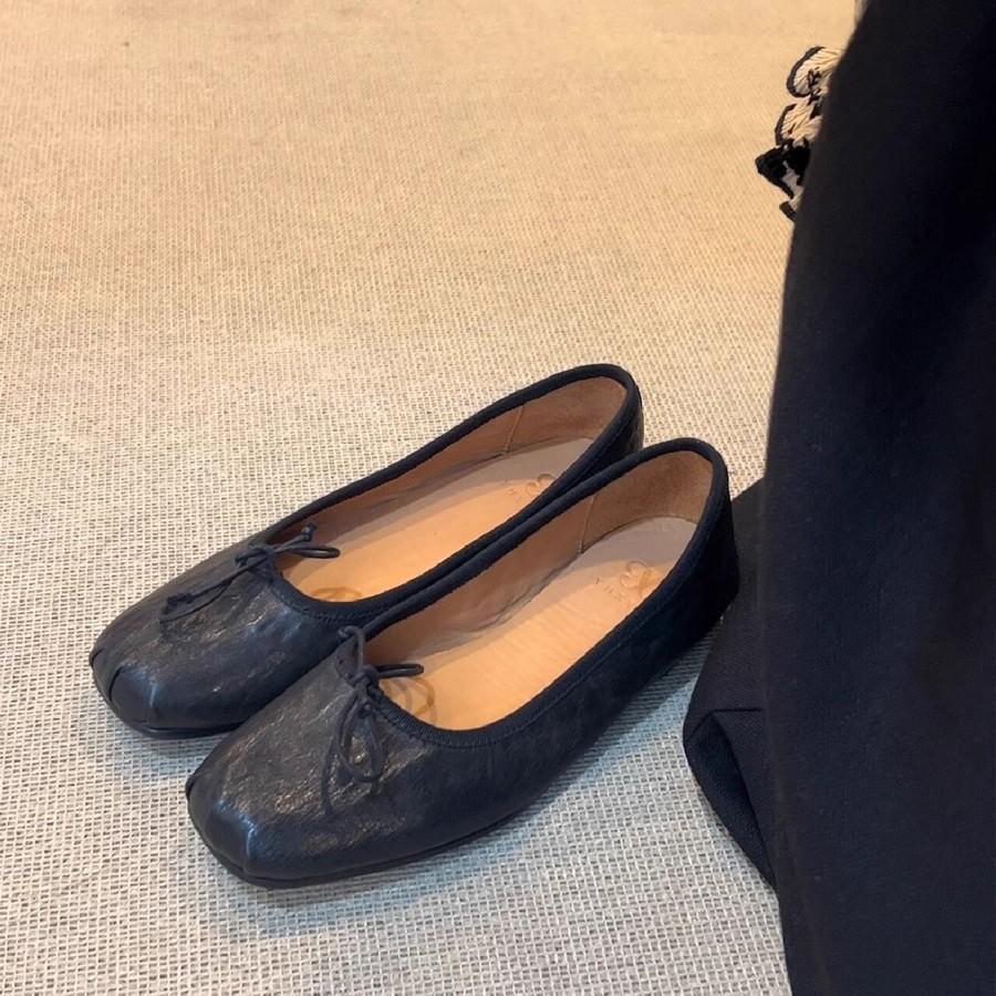 Washed cowhide~ Genuine leather ballet shoes for women to wear bows, temperament, shallow mouth flat-soled single shoes, retro grandma shoes