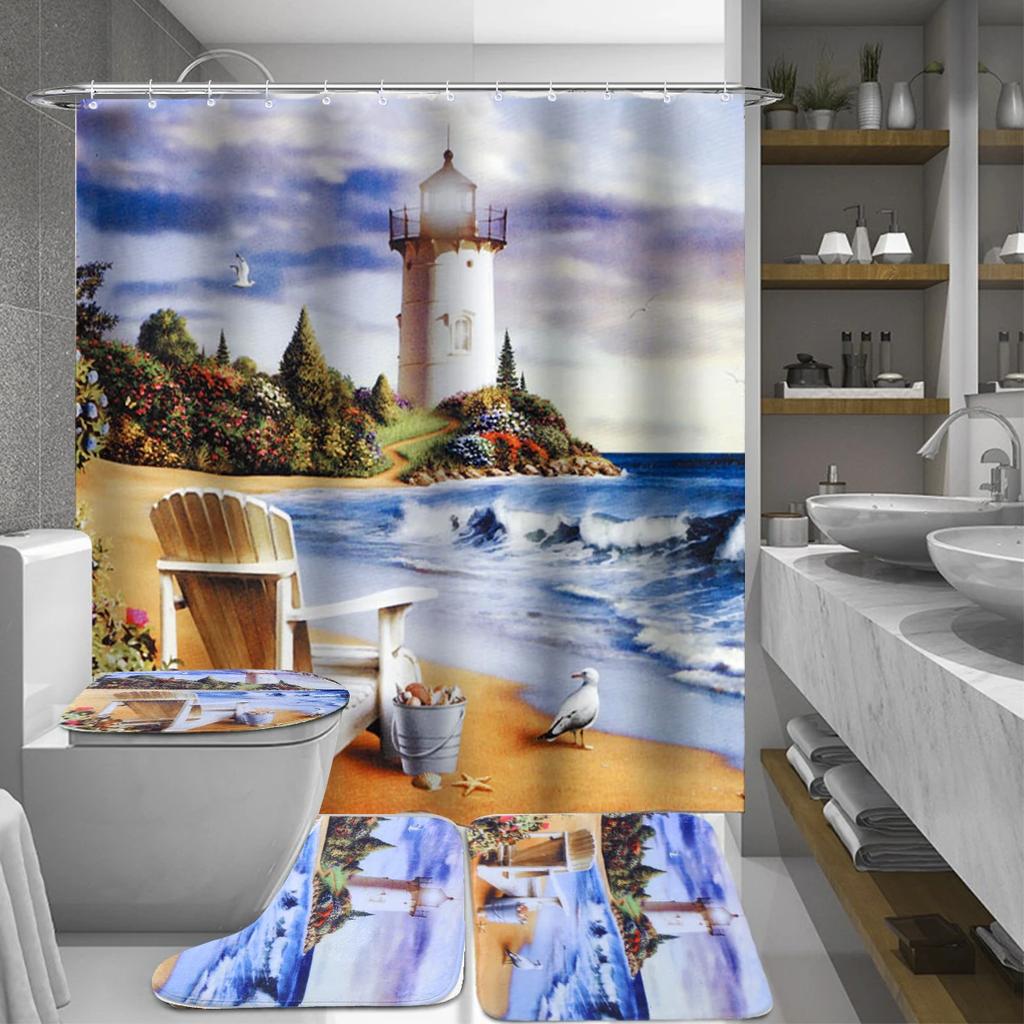 Coastal Beach Scenery 3D Printing Waterproof Shower Curtain Set Pedestal Rug Lid Toilet Cover Mat Bathroom Set With 12 Hooks