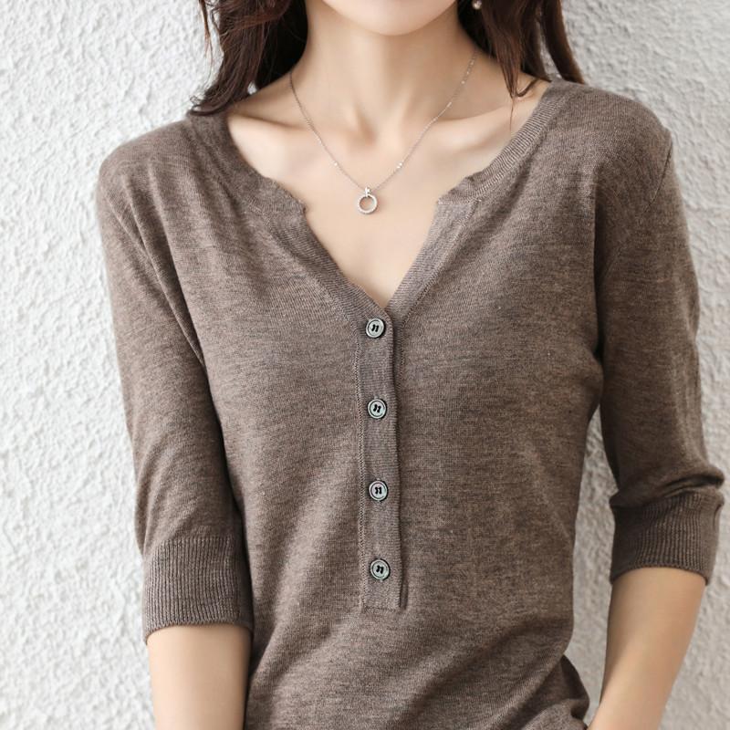 Round Neck Thin Sweater for Women's Mid-sleeved New Summer French Light Luxury Solid Color Loose Age-reducing Fashion Top