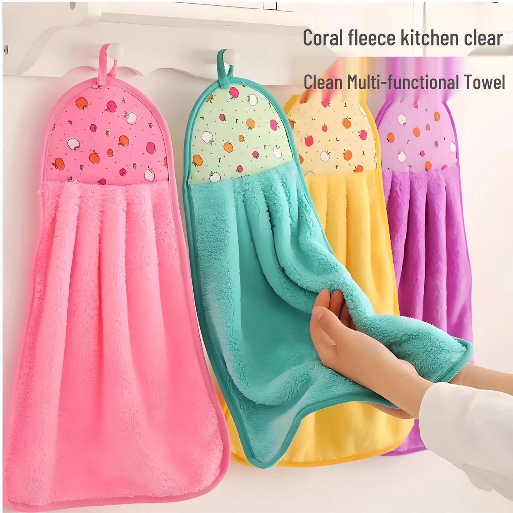 Super Absorbent Coral Fleece Hanging Hand Towel – Large, Thickened Cloth for Kitchen & Bathroom
