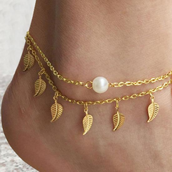 Leaf Tassels Two Layer Faux Pearl Beach Sandal Ankle Chain Foot Bracelet Anklet