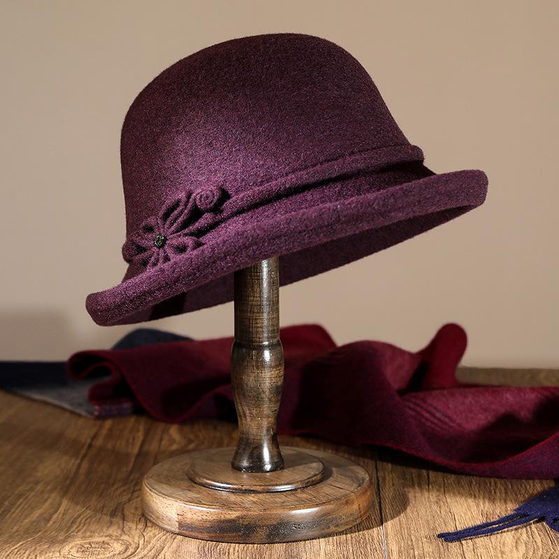 Hat Women's Autumn and Winter Versatile Middle and Old Hat Wool Elegant Flower Pot Hat Retro Curled Top Hat