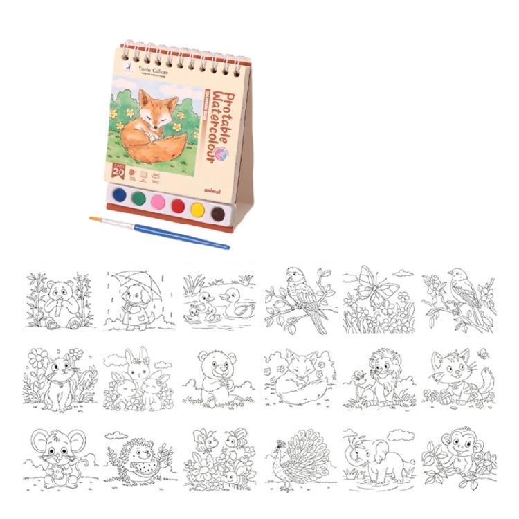 

Children Watercolor Art Pad Twin Coil Binding Art Drawing Pad Includes Paint and Brush for Travel Sketching Doodling