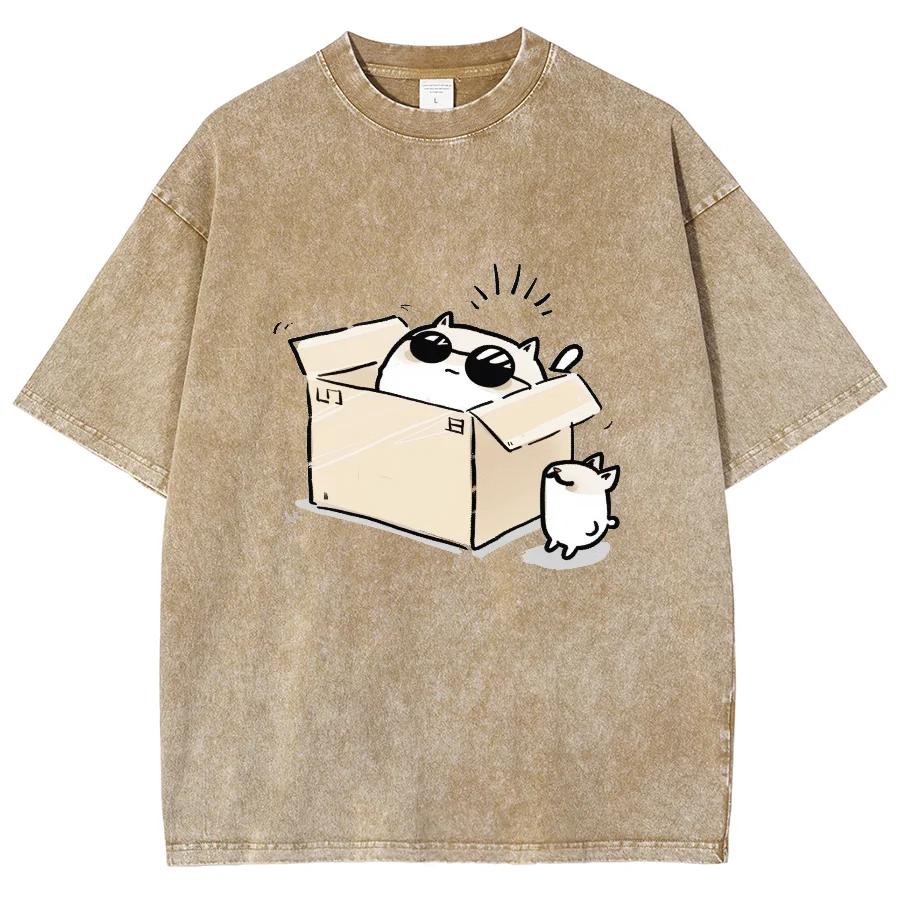 Fashion Cartoon Style Box cat short sleeve men's and women's water wash vintage hip hop casual retro T-shirt