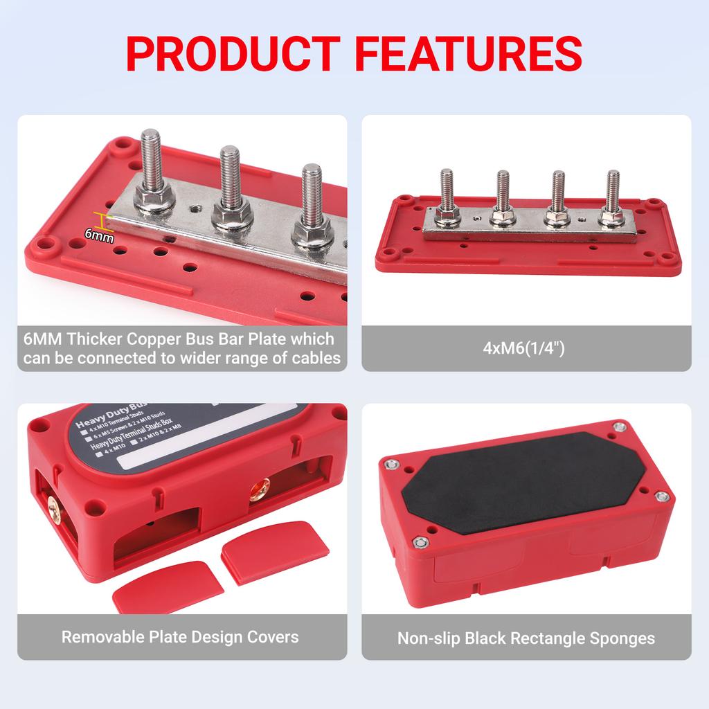 Power Distribution Block Module Heavy Duty Bus Bar 4 Studs Single Row 12-48V Copper Nickel Nylon M6 M8 M10 For Truck Car Boat