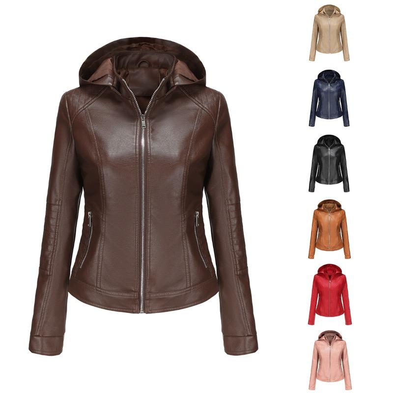 Women's Spring and Autumn Hooded Leather Jacket Women's Removable Hat Windproof Jacket Short Casual Jacket