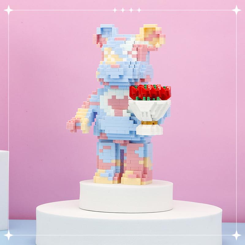 Animal Handheld Flower Pink Bear Micro Building Blocks Set1090PCS5.9in High SeriesGifts for Collectors and Enthusiasts