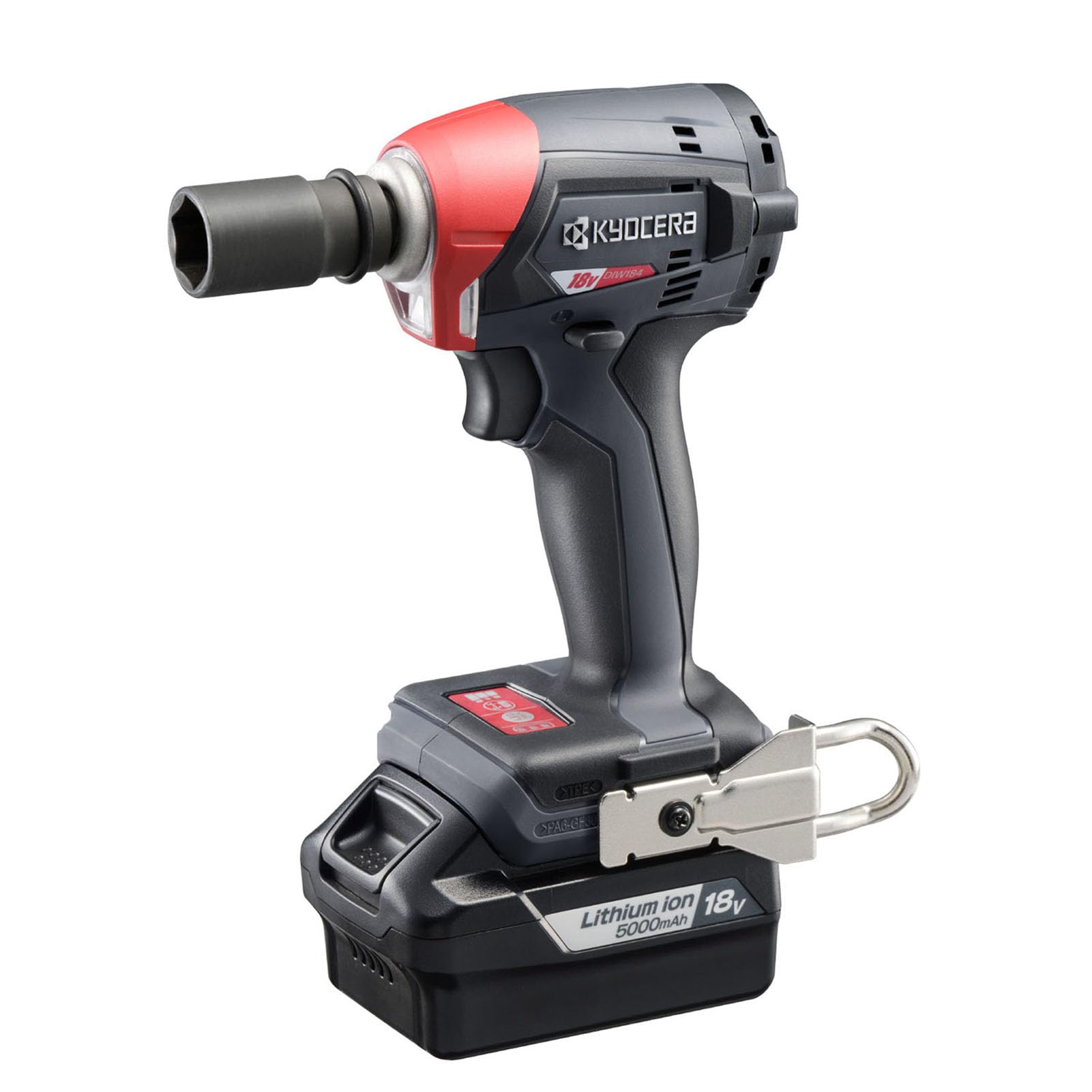 

Kyocera Professional Cordless Impact Wrench DIW184L5 with a brushless Includes a carabiner hook for a belt and a friction ring to prevent accidental