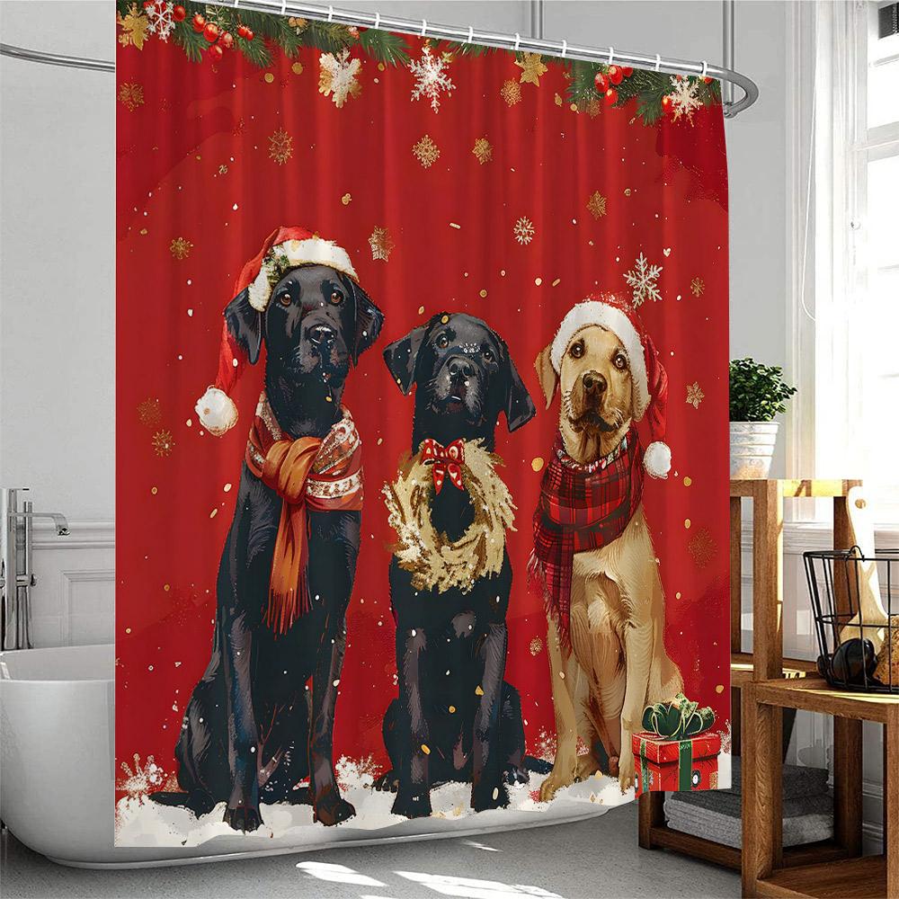 Christmas Shower Curtain Dogs with Xmas Hat Winter Holiday Red Truck Pine Tree Snow Scenery Bathtub Decor Polyester Bath Curtain