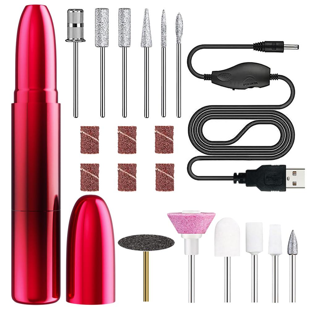 Electric Nail Drill Kit for Acrylic Gel Nails, USB Powered Nail Polish Machine with12 Drill Bits, Manicure Pedicure Salon Tools