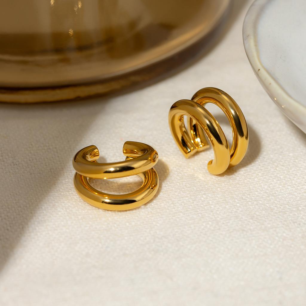 Yori Waterproof Stainless Steel Simple Double Layer Ear Clip for Women Gold Color Rust Proof Basic High Quality Jewelry