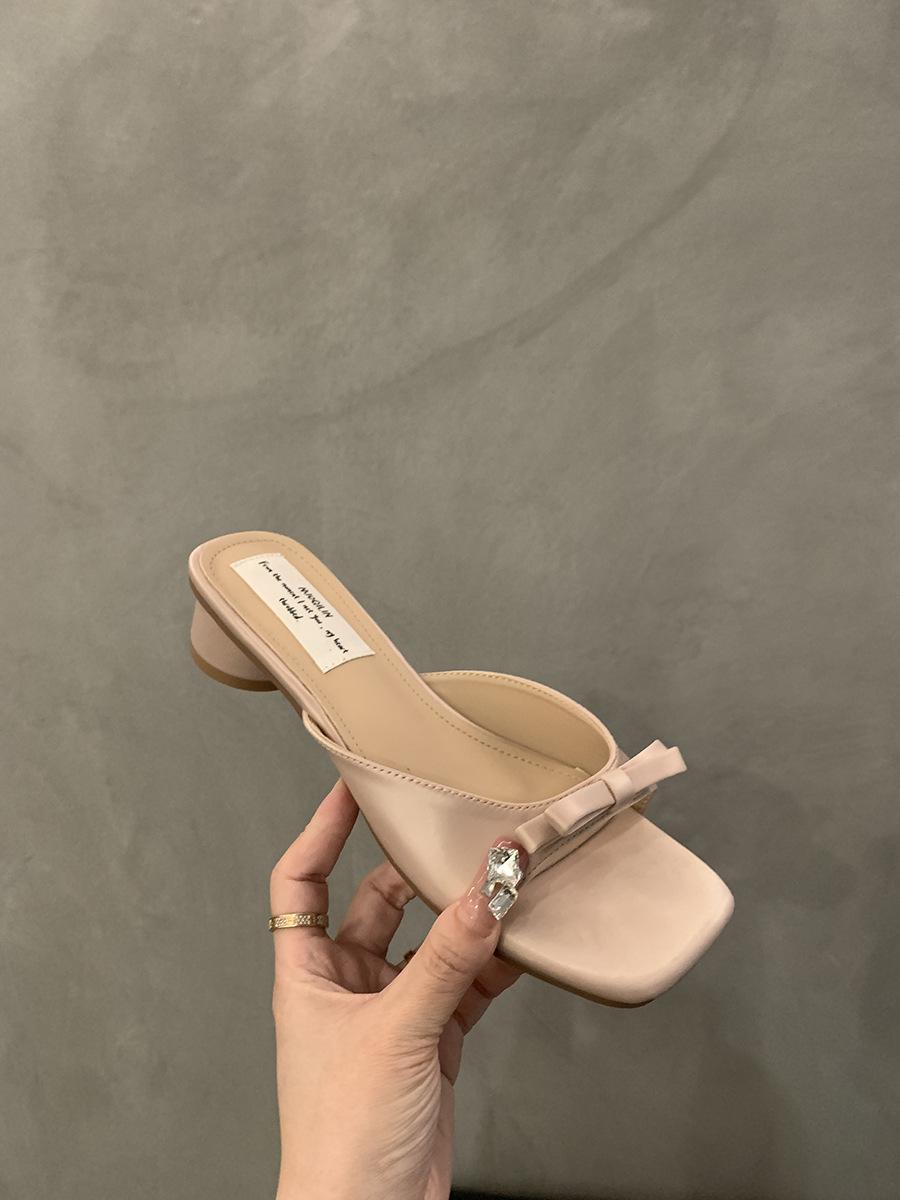 

French sandals bow slippers 2025 summer new fairy shoes outer wear temperament thick heel sandals women 39 розовый
