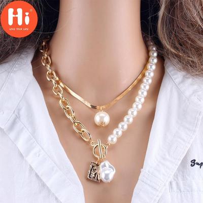 Hi Women Fashion 2 Layers Pearls Pendants Necklaces Metal Snake Chain Necklace New Design Jewelry Gift
