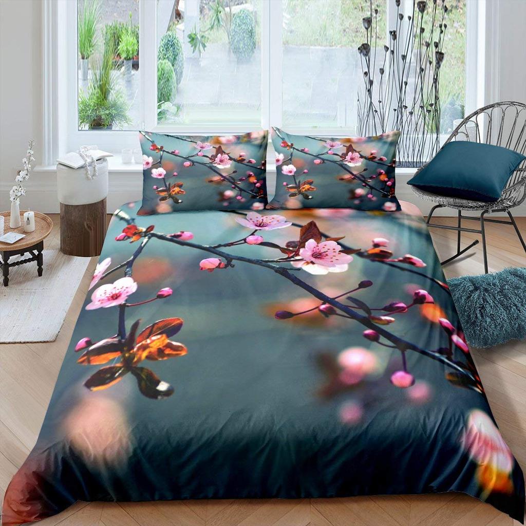Pink Cherry Blossom King Queen Bedding Set Spring Flora Duvet Cover Japanese Flowers Quilt Cover Soft Polyester Comforter Cover