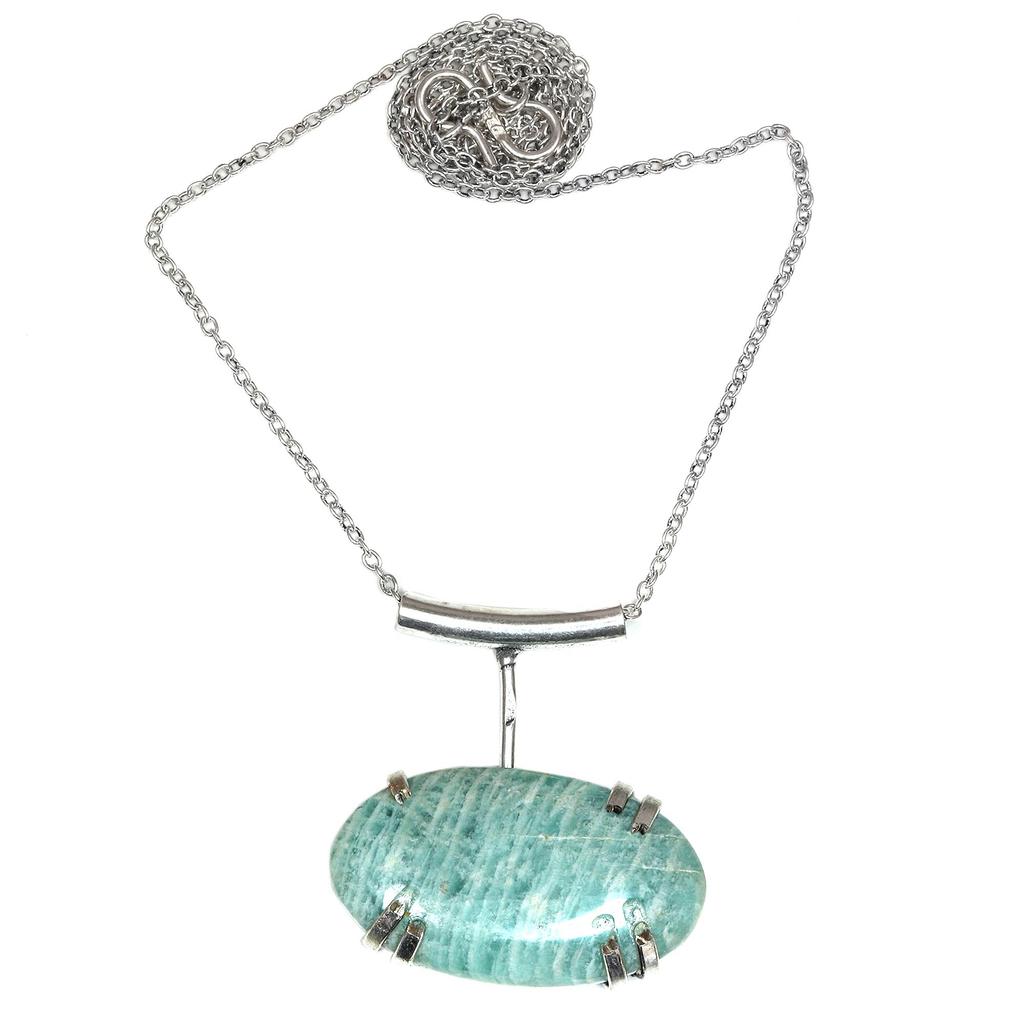 Necklace Amazonite Gemstone Natural Beads Round 20" Blue Pendant Silver Faceted