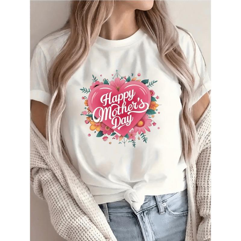 

European sizes Women S Casual Happy Mother S Day Graphic Tee - Short Sleeve, Round Neck, Lightweight, All-Season T-Shirt with Floral Design S белый