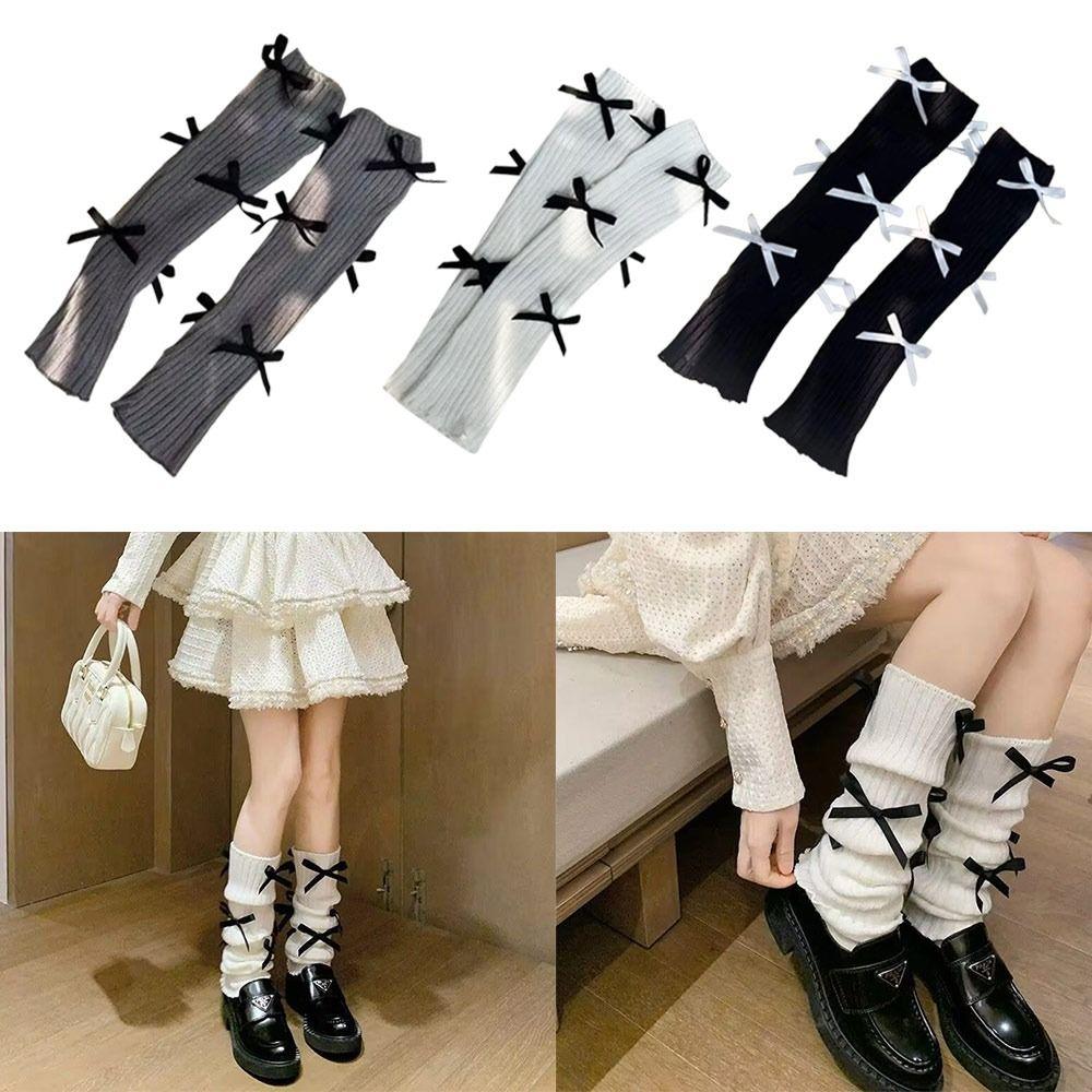 Fashion Bow Knot Knitted Leg Warmers 40cm Knitted Texture Foot Cover White Black Thermal Knitted Socks Autumn Winter