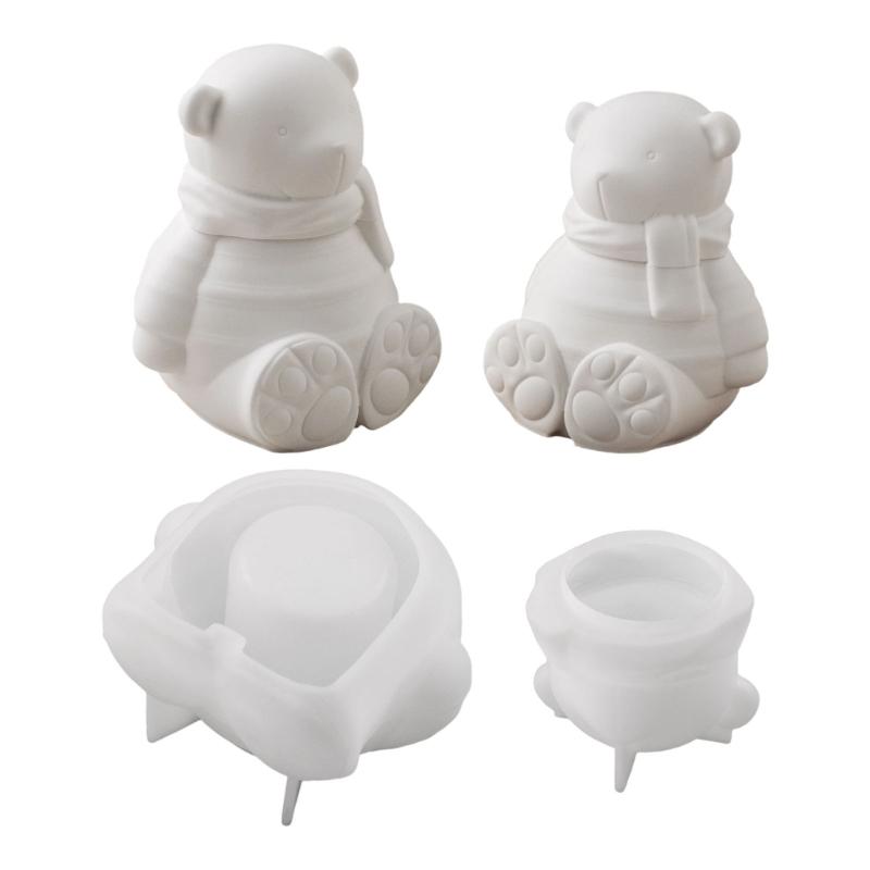 Bear Statue Resin Jar Molds Candle Cup Silicone Mould with Lid for Making Candle Container Chocolate Holiday Decoration