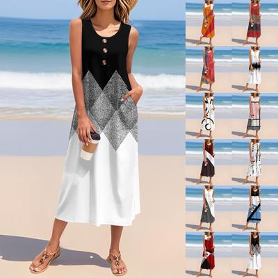 Women's Summer Vintage Color-block Patchwork Print Dress Sleeveless Button Down Casual Loose Long Beach Sundress