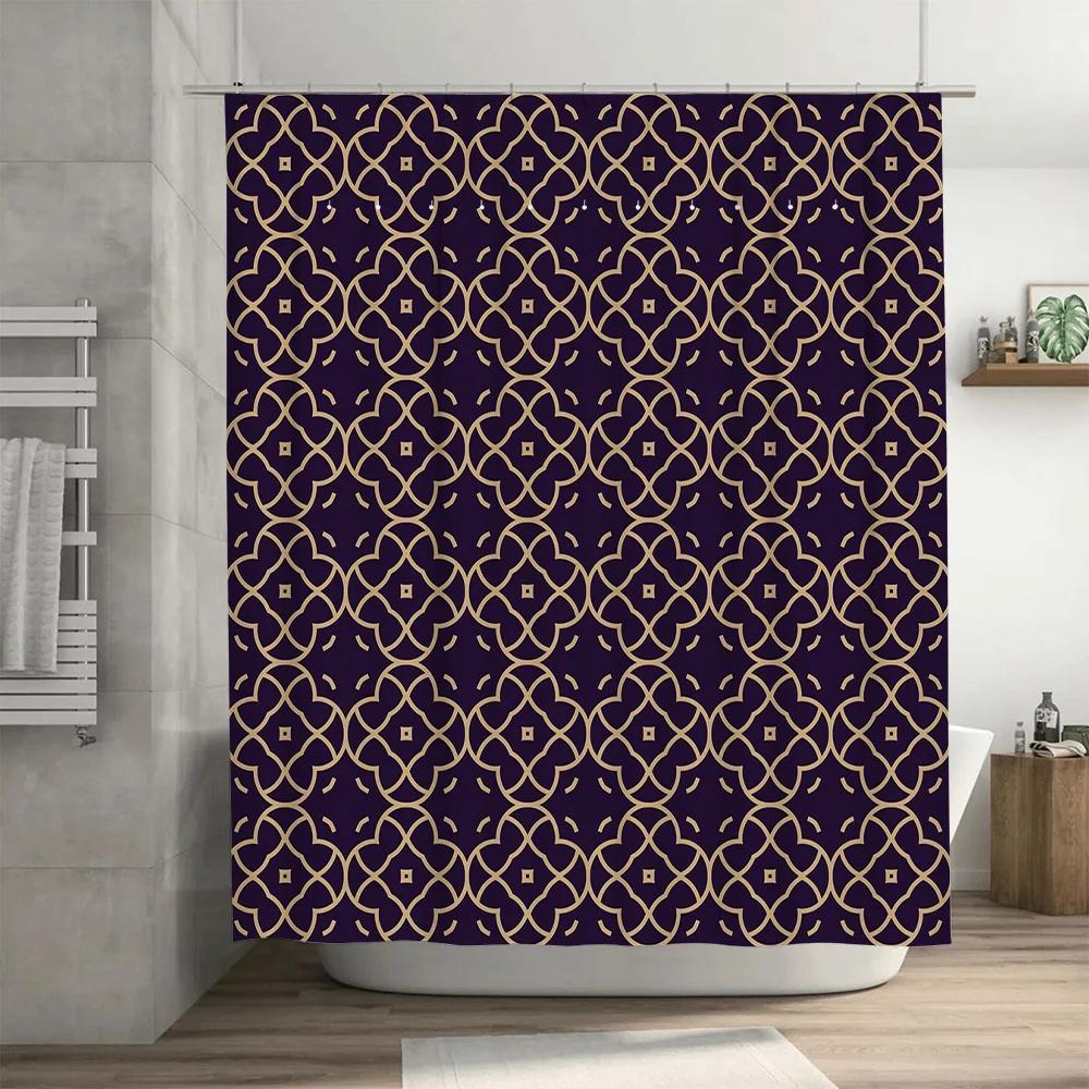 

Vintage Retro Geometric Pattern Shower Curtain Bathroom Decor Waterproof Fabric Bath Mat Set Home Decoration Luxury Purple Gold W90xH180cm