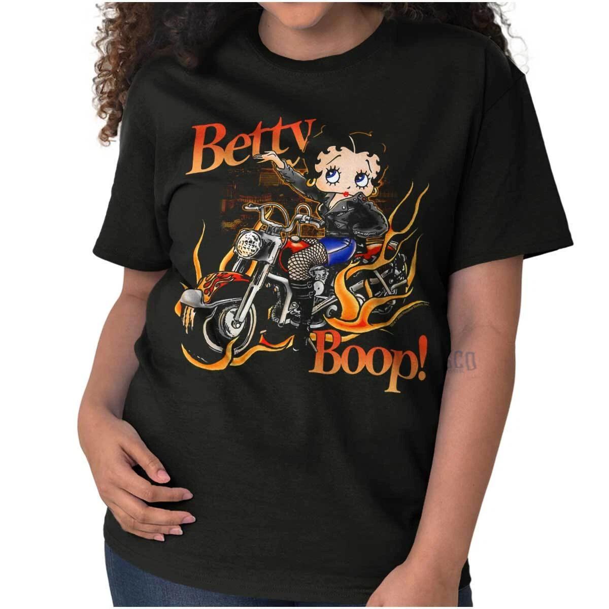 Biker Betty Boop Flaming Motorcycle Cartoon Womens Graphic Crewneck T Shirt Tee XL