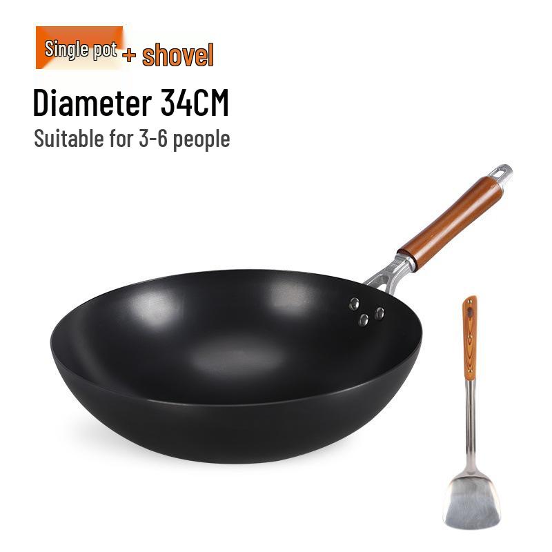 Old-Fashioned Non-Coated Cast Iron Wok, Round Bottom, Non-Slip, Non-Stick, Gas Stove Compatible, Nitrided Fine Iron.