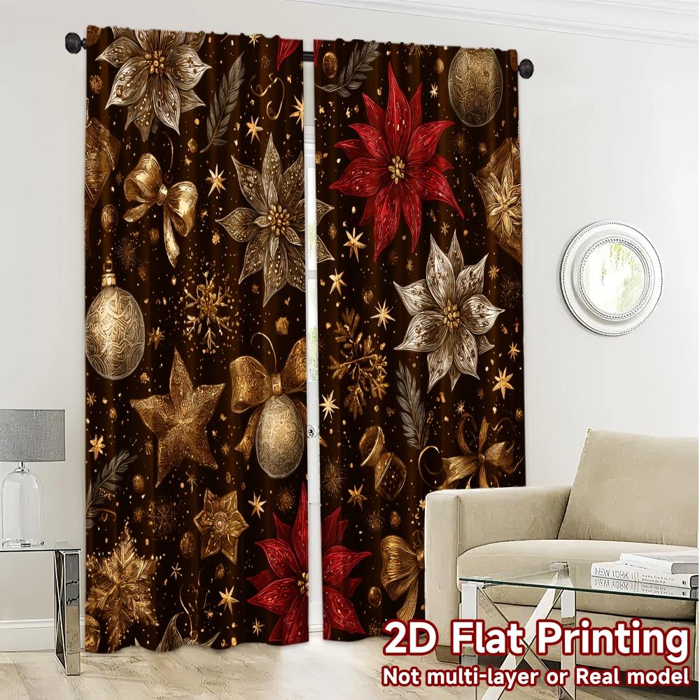 Modern Flat Printing Jit Curtains Without Rod Golden Noel Tree Fabric Holiday Set Of 2 Made Polyester Machine Washable