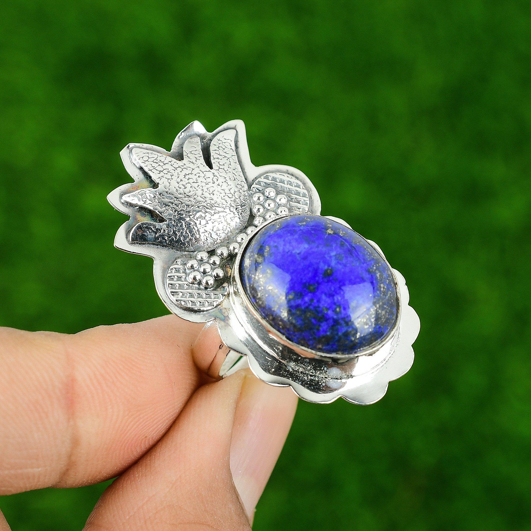 

Oval Natural Lapis Lazuli 925 Silver Ethnic Statement Throat Chakra Ring Jewelry Adjustable