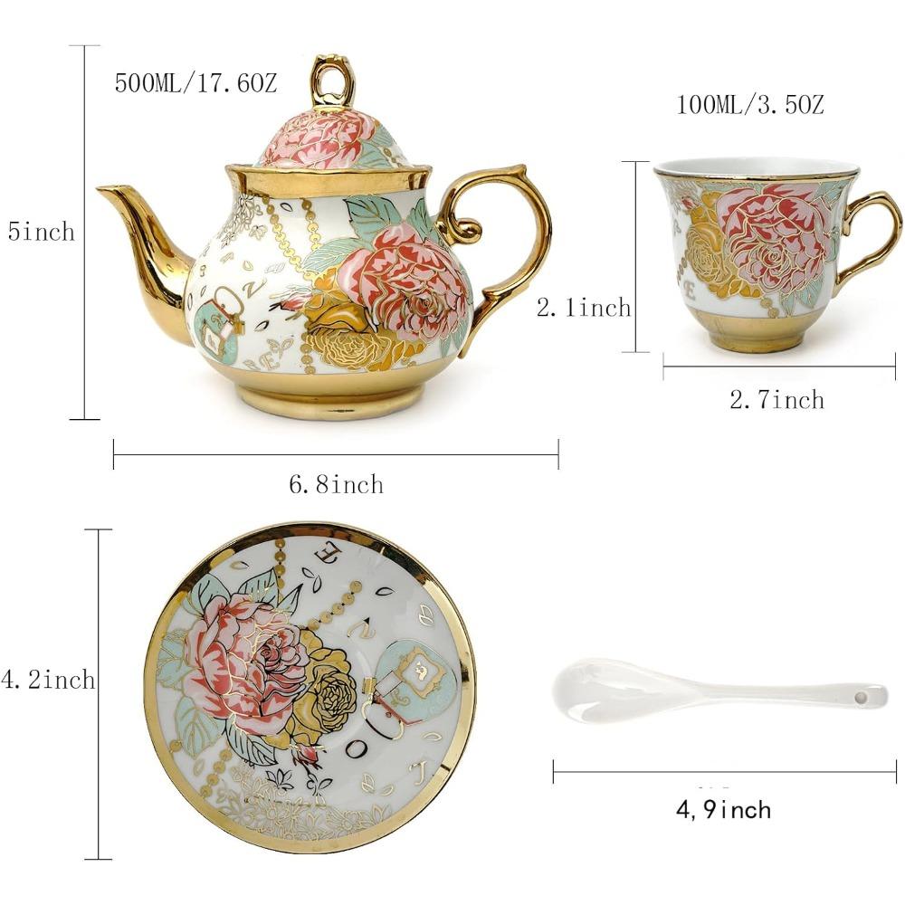 20 pieces European Vintage Ceramic Tea set, Adult tea Set, Afternoon Tea Set (Golden Rose, medium)