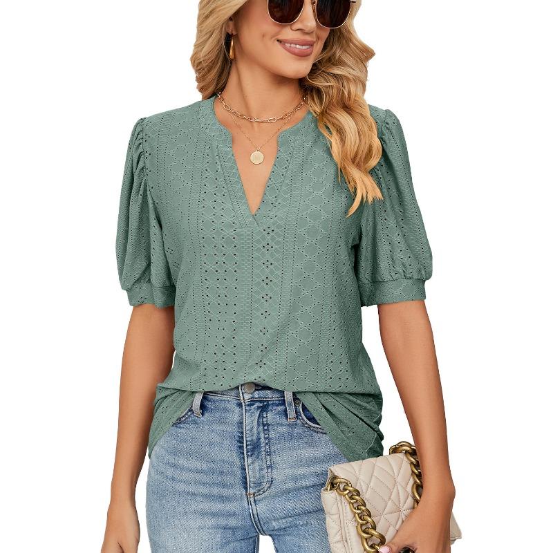 Summer Casual V-neck Solid Color Hollow Bubble Sleeve Loose T-shirt Top for Women Shirt
