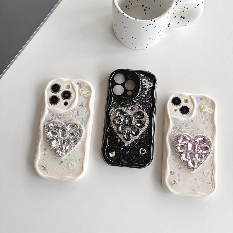 Cream Wind Ins Anti Drop Phone Case for IPhone 16 Promax Water Diamond Love for Apple 17 Glitter 15 Soft