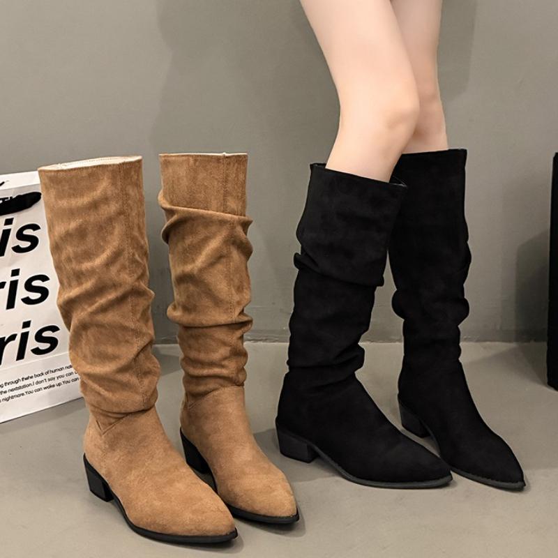 Fashion Vintage Thick Heel Pointed Toe Woman Knee High Boot Autumn Winter Women's Shoes Ladies Concise Pleated Long Booties