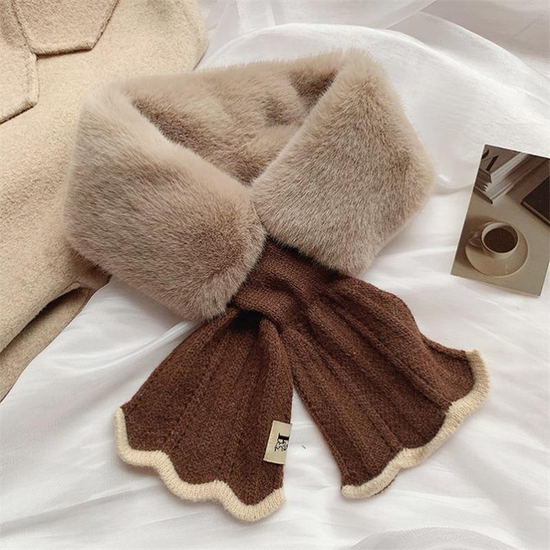 Winter Plush Scarf Woman Thick Fish Tail Wool Knit Cross Fur Collar Outdoor Cycling Neck Protect Cervical Spine Warm Scarve