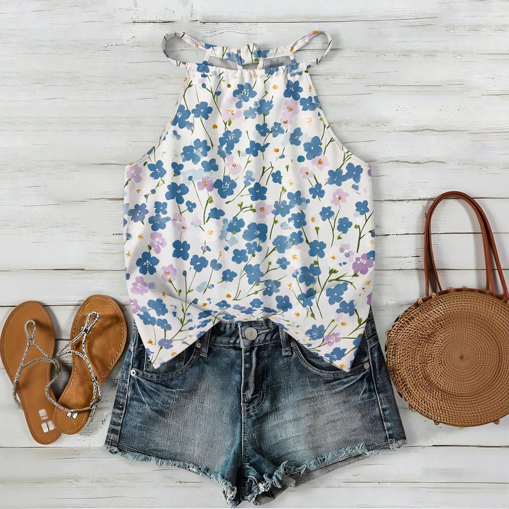 Boho Blumenmuster Ärmelloses Tanktop Leichte Sommer-Freizeitbluse Lockere Passform mit Verstellbaren Trägern für Damen