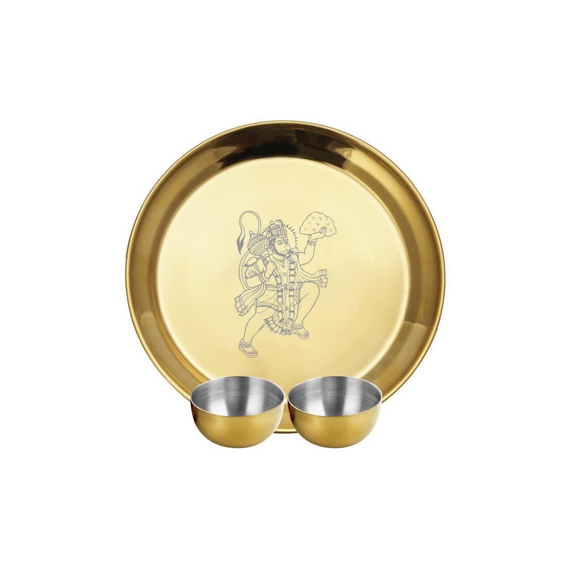 Shri & Sam Stainless Steel Pooja Thali Set with Gold PVD Coating Hanuman