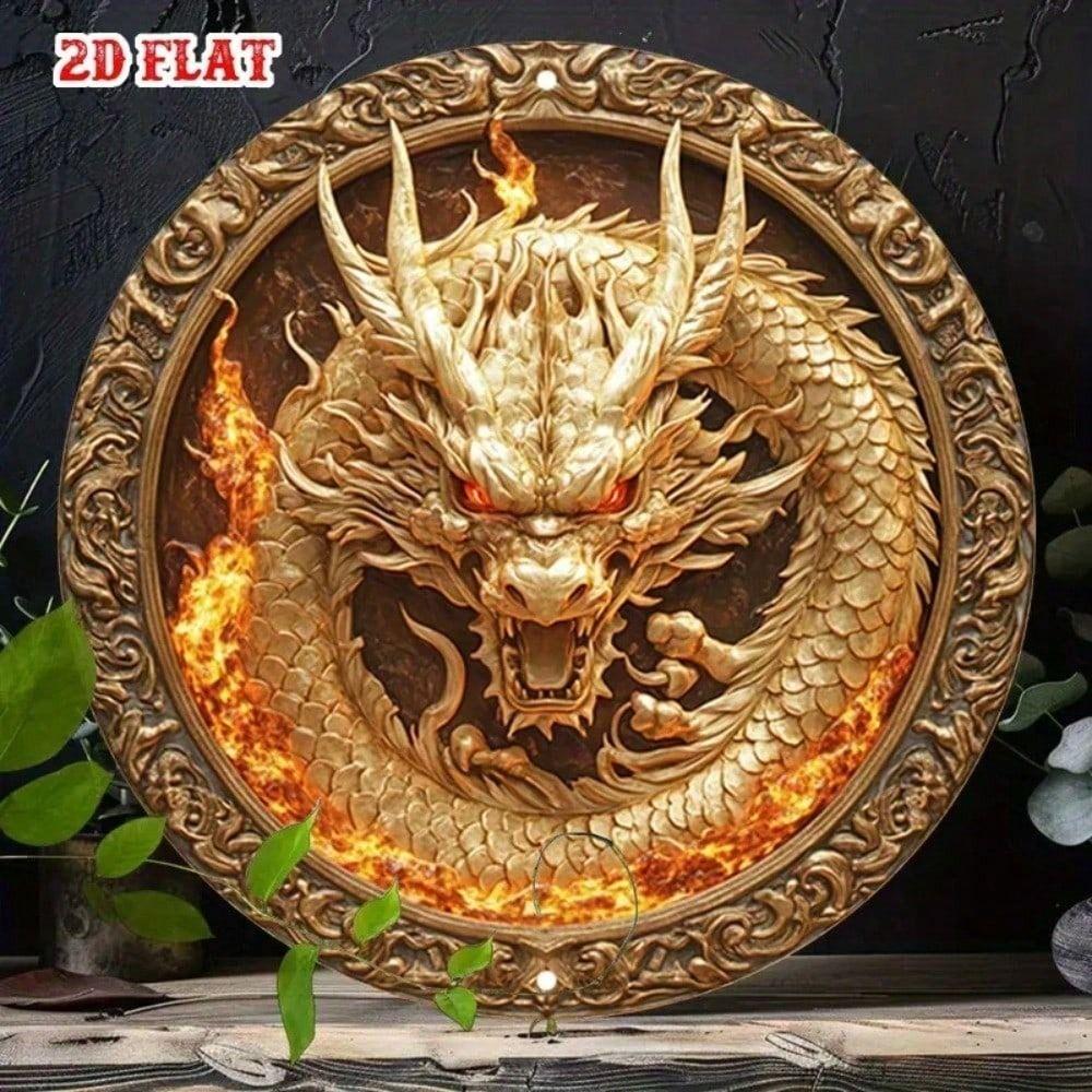 

Metal Round Wall Poster Dragon Flame 20x20cm Aluminum 2D Flat for Living Room